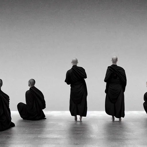Image similar to 5 monks kneeling with wires coming out of the back of their heads connecting them to a computer, dark shadowy surroundings, dystopian scifi, horror, Stefan Koidl inspired