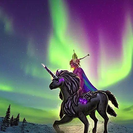 Image similar to warrior riding a pegasus unicorn through the aurora borealis, wielding a sword and shield, lighting, storm, by ricardo ow