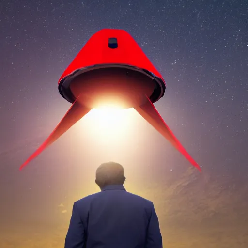 Prompt: Red-Square-Shaped UFO Spaceship Above a Man standing