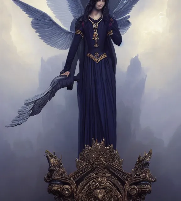 Image similar to god of death, young male, in the underworld, elegant dark blue dress, very detailed, throne, very intricate details, jewelry, gold eyeshadow, elaborate long black hairstyle, wings, cinematic, artstation, william bouguereau, magali villeneuve, greg rutkowski, rossdraws, octane render