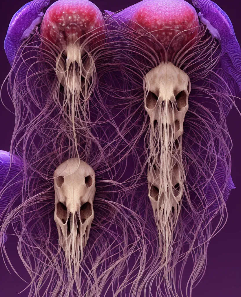 Image similar to goddess close-up portrait ram skull. jellyfish phoenix head, nautilus, orchid, skull, betta fish, bioluminiscent creatures, intricate artwork by Tooth Wu and wlop and beeple. octane render, trending on artstation, greg rutkowski very coherent symmetrical artwork. cinematic, hyper realism, high detail, octane render, 8k