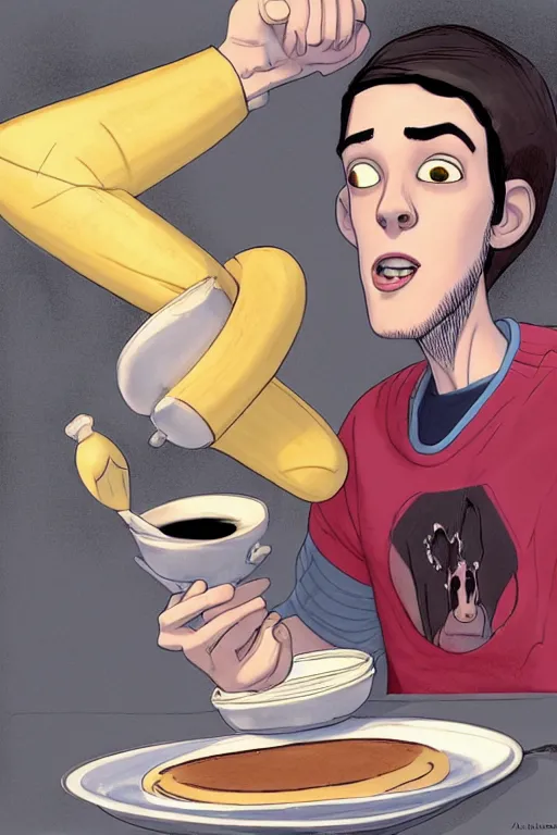 Image similar to pete davidson making pancakes, animation pixar style, by pendleton ward, magali villeneuve, artgerm, rob rey and kentaro miura style, golden ratio, trending on art station