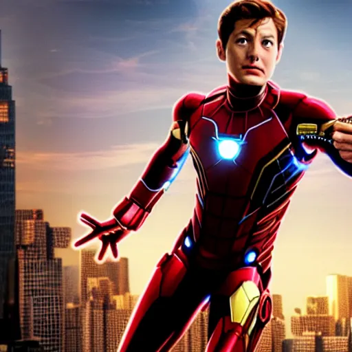 Prompt: peter parker is ironman. in marvel movie