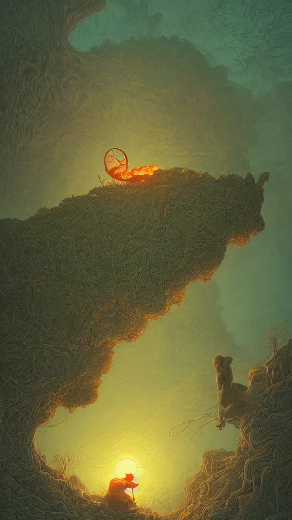 Image similar to highly detailed illustration of a man floating over a forest while the clouds in the sky seem to be on fire by kilian eng, moebius, nico delort, oliver vernon, joseph moncada, damon soule, manabu ikeda, 4 k resolution