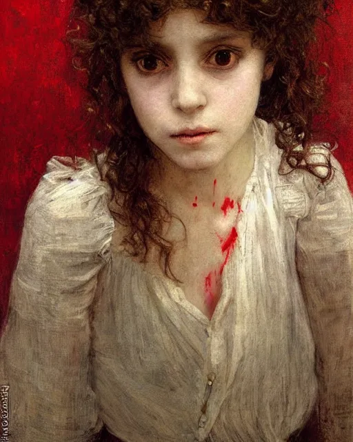 Image similar to a beautiful but sinister girl in layers of fear, with haunted eyes and curly hair, 1 9 7 0 s, seventies, delicate embellishments, a little blood, crimson, painterly, offset printing technique, by jules bastien - lepage, mary jane ansell