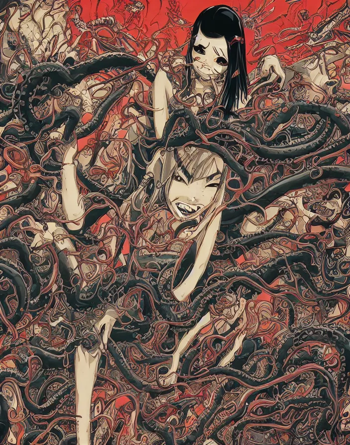 Image similar to intricate comic book style japanese horror poster japanese girl with fangs, graffiti, yokai, tentacles, by dan mumford, makoto shinkai and junji ito, 8k, highly detailed, unreal engine, crisp lines, volumetric lighting, featured on artstation, pixiv