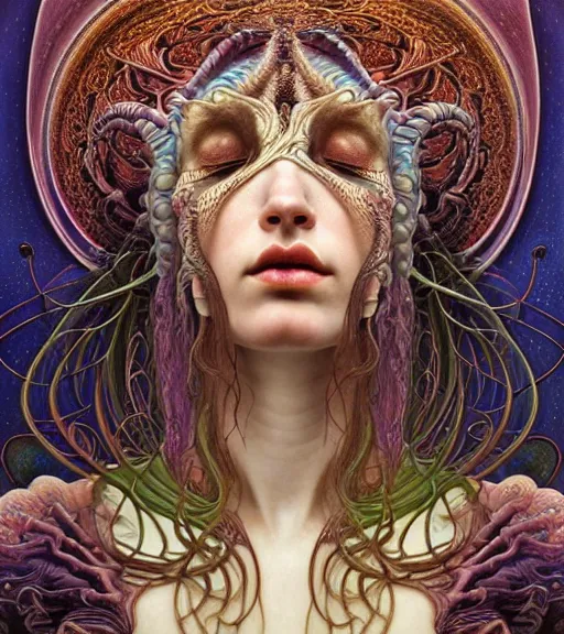 Image similar to detailed realistic beautiful young groovypunk queen of andromeda galaxy in full regal attire. face portrait. art nouveau, symbolist, visionary, baroque, giant fractal details. horizontal symmetry by zdzisław beksinski, iris van herpen, raymond swanland and alphonse mucha. highly detailed, hyper - real, beautiful