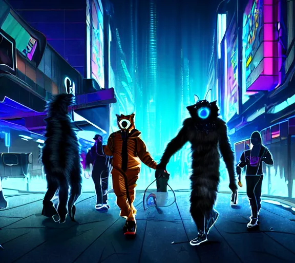 Image similar to high - resolution photograph from a cyberpunk era furry fandom convention ( midwest furfest 2 0 4 7 ), taking place after the genetic revolution and quantum singularity. photorealistic.