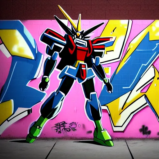 Prompt: graffiti on a wall, anime gundam, wallpaper, trending on artstation