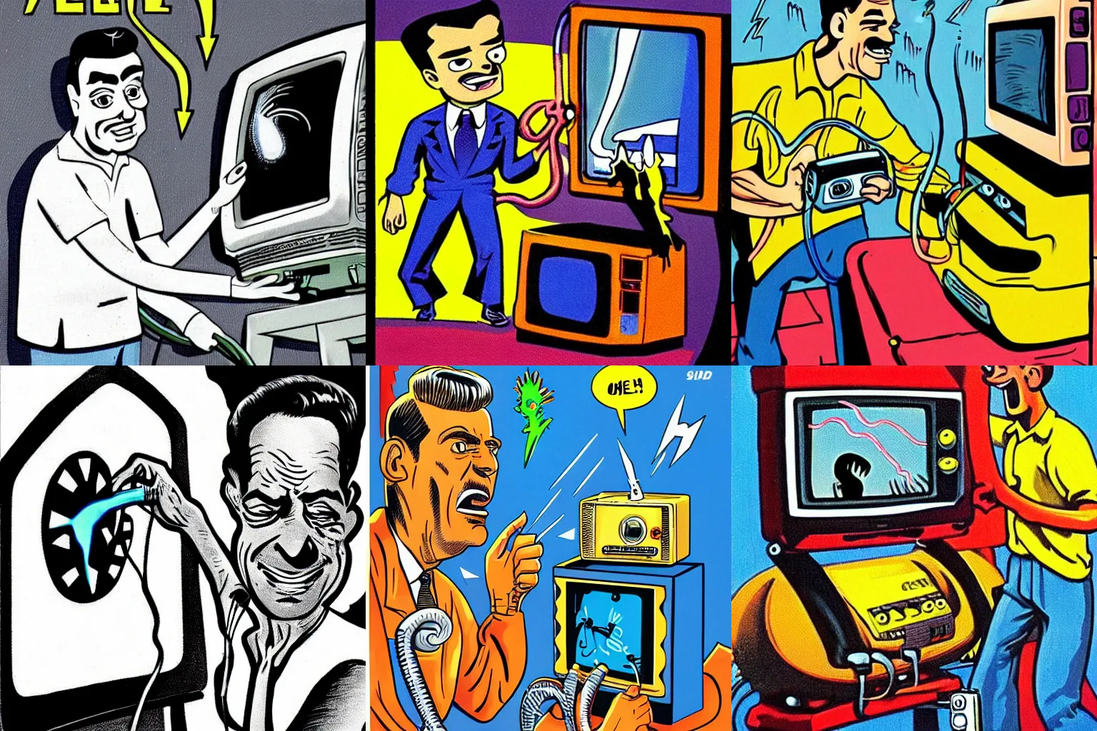 Prompt: a subgenius getting an electric shock fixing a television and seeing an alien on the tv. vibrant, detailed, color. 1 9 5 2