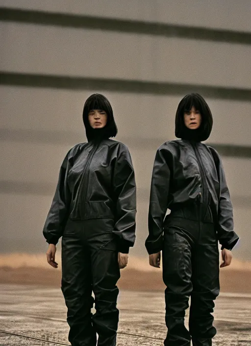 Image similar to cinestill 5 0 d photographic portrait of two caring clones, techwear women on a desolate plain, a brutalist dark metal building in the background, depth of field, 4 k, 8 k, hd, full color