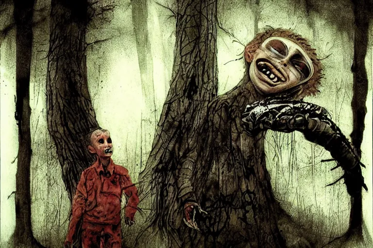 Image similar to horror painting of Missing 411 anomaly young boy lost in the woods by ben templesmith