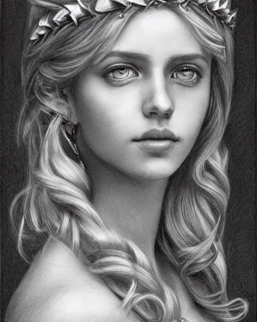 Image similar to pencil drawing of a beautiful greek goddess aphrodite wearing a laurel wreath and arrowhead earrings, beautiful confident and piercing eyes, beautiful blonde hair, hyper realistic face, in the style of greg rutkowski, fantasy, amazing detail, epic, elegant, smooth, sharp focus, from the front