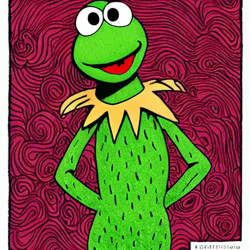 Prompt: Kermit the Frog from Sesame Street in the style of Junji Ito