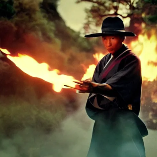 Image similar to cinematic film still Pharrell Williams starring as a Samurai holding fire, Japanese CGI, VFX, 2003, 40mm lens, shallow depth of field,film photography