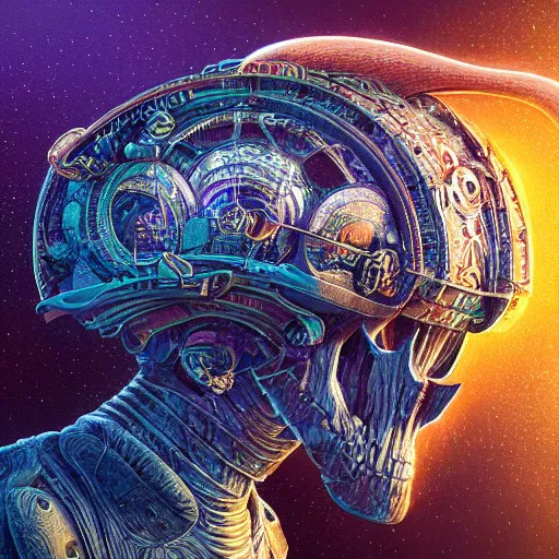 Image similar to portrait of a fantasycore glitchcore deformed animal skull in a helmet. intricate abstract. intricate artwork. celestial. immaculate, by dan seagrave, beeple, dan mumford. octane render, CGSociety very coherent symmetrical artwork. cinematic, hyper realism, high detail, octane render, 8k, iridescent accents