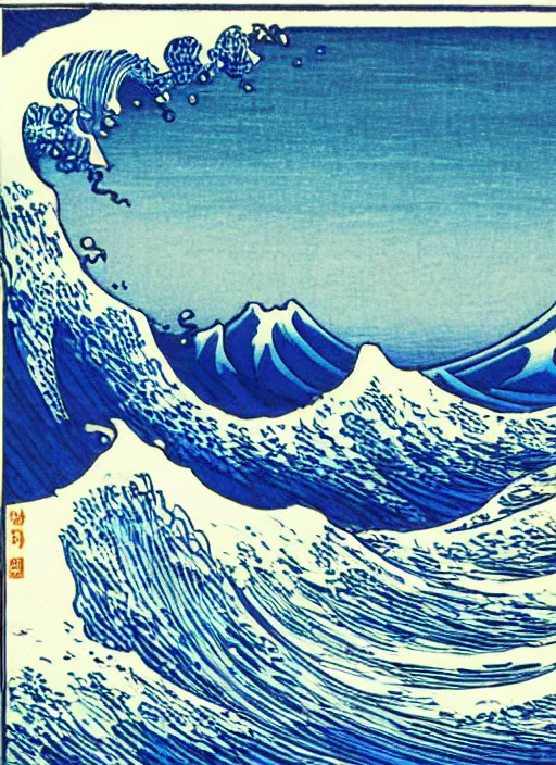 Image similar to a painting of waves in the ocean with mountains in the background, a woodcut by utagawa hiroshige ii, pixiv, ukiyoe, ukiyoe, vaporwave, woodcut