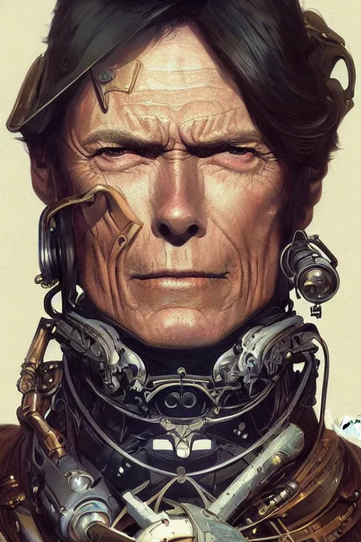 Image similar to clint eastwood steampunk cyborg, portrait, western, duster, fantasy, intricate, elegant, highly detailed, digital painting, artstation, concept art, sharp focus, illustration, art by artgerm and greg rutkowski and alphonse mucha