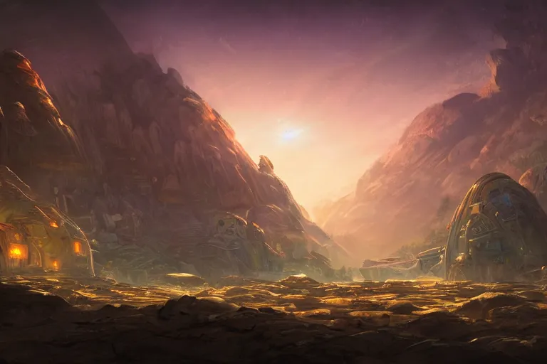 Prompt: an epic landscape view of a sprawling mars colony, with glowing lights at night, painted by tyler edlin, close - up, low angle, wide angle, atmospheric, volumetric lighting, cinematic concept art, very realistic, highly detailed digital art