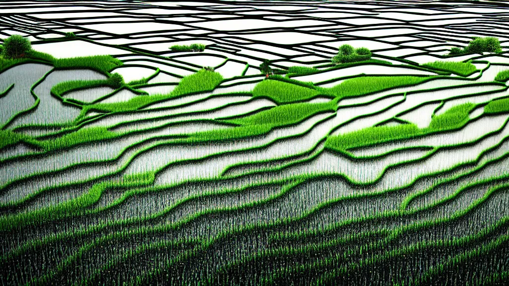 Prompt: dramatic rice fields of toyama city, japan, a collage painting, in the style of wes anderson, lola dupre, david hockney, isolated on negative white space background dark monochrome neon fluorescent spraypaint accents volumetric octane render