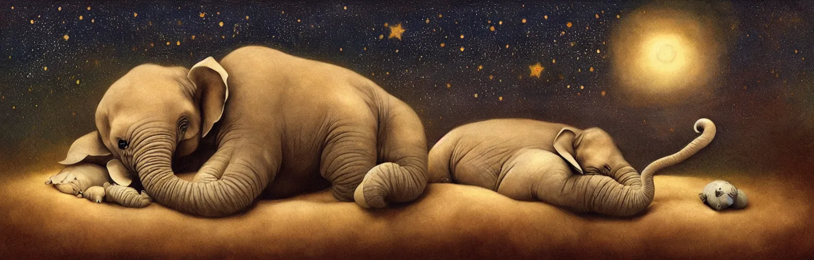 Prompt: a baby elephant sleeping soundly under a starry sky surrounded by savannah, illustration, detailed, smooth, soft, warm, by Adolf Lachman, Shaun Tan, Surrealism