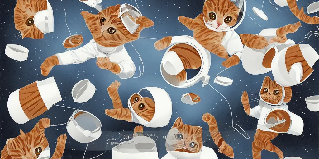 Image similar to illustration of cats in spacehelmets in an office building tossing donuts in the air and slapping coffee cups off of conputer tables, in the style of roger deakins