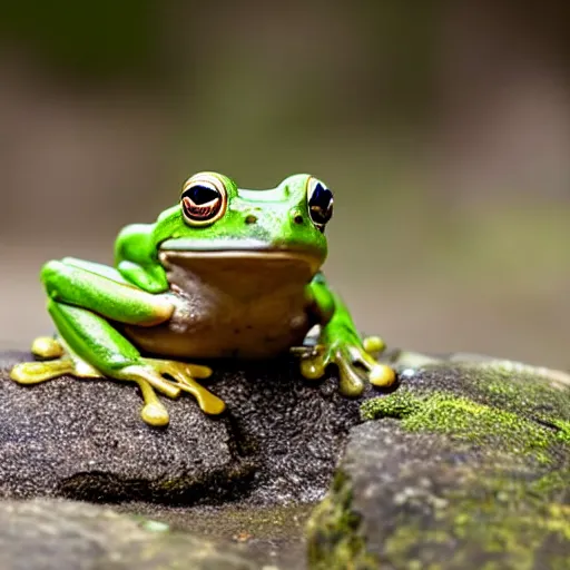 Prompt: closeup of a frog sitting on a stone in a forest, wildlife photography