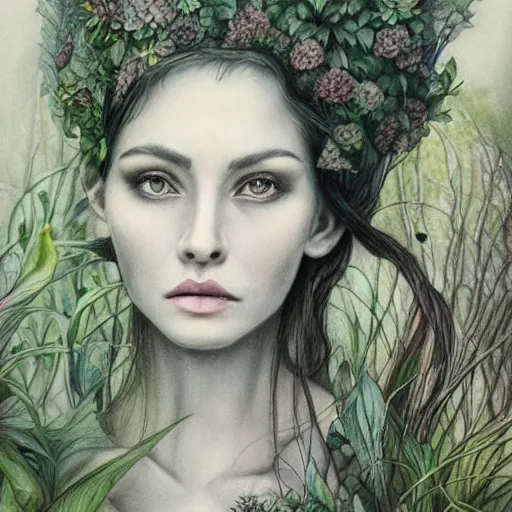 Prompt: hyper realistic pencil drawing of a surreal goddess standingi n the garden, muted water color, full portrait, detailed, rim light, diffused, intricate, by anna dittmann