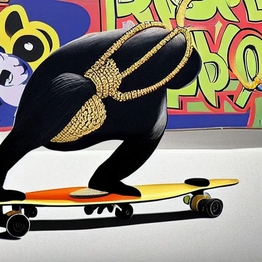 Image similar to a dodo wearing a gold chain around its neck and baseball cap, on a hovering skateboard without wheels, at a skate park near the beach, Saturday Morning cartoon