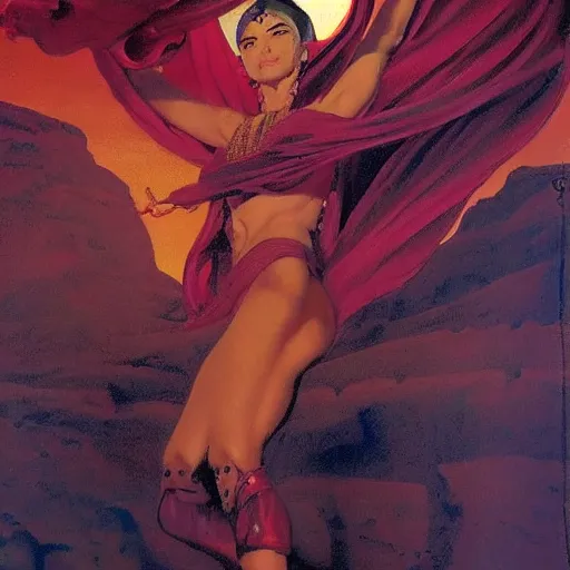 Image similar to Silk sheet desert ecstasy Bedouin under crimson azure diamond sky, in the style of Frank Frazetta, Jeff Easley, Caravaggio, extremely clear faces coherent, clear lines, 8K revolution