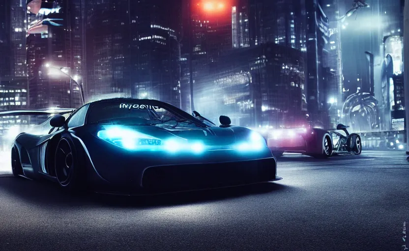 Image similar to a black Mclaren F1 in the streets at night whit cyan headlights on, by Khyzyl Saleem, night time, Cloudy weather, atmospheric, artstaion, concept art, illustration, sharp focus, high detail, octane render, cyberpunk, intimidating