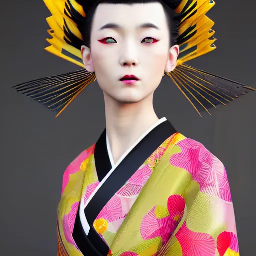 Image similar to japanese kimono inspired avant-garde art, deco fashion, highly detailed, photorealistic portrait, bright studio setting, studio lighting, crisp quality and light reflections, unreal engine 5 quality render