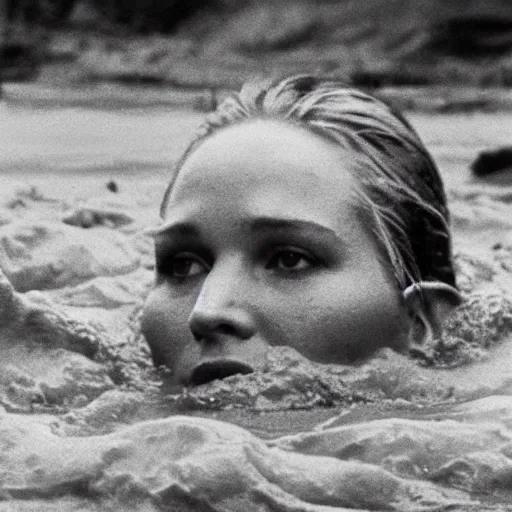 Prompt: film still, close up, jennifer lawrence rising out of muddy vietnam river, face covered in mud, low camera angle at water level, night time, film still from apocalypse now ( 1 9 7 9 ), 2 6 mm.