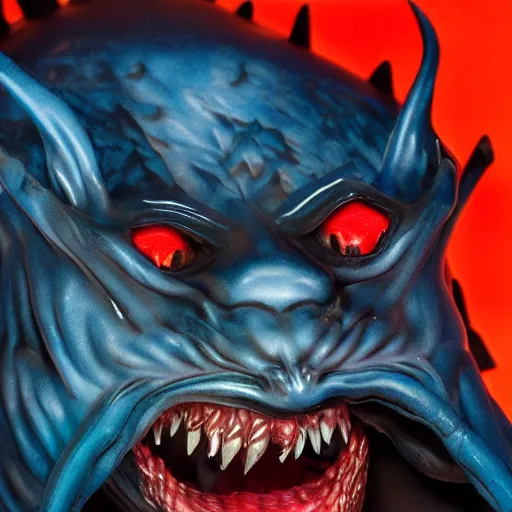 Image similar to detailed full body of scary giant mutant dark blue humanoid bat, glowing red eyes flying above a stormy ocean, sharp teeth, acid leaking from mouth, realistic, giant, bat ears, bat nose, bat claws, bat wings, furred, covered in soft fur, detailed, 85mm f/1.4