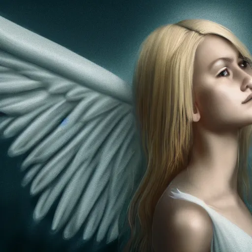 Image similar to very pretty blond female angel with large wings in a dark cave, perfect symmetrical face, shallow depth of field, moody lighting, 8 k, concept art, in the style of martina fackova,