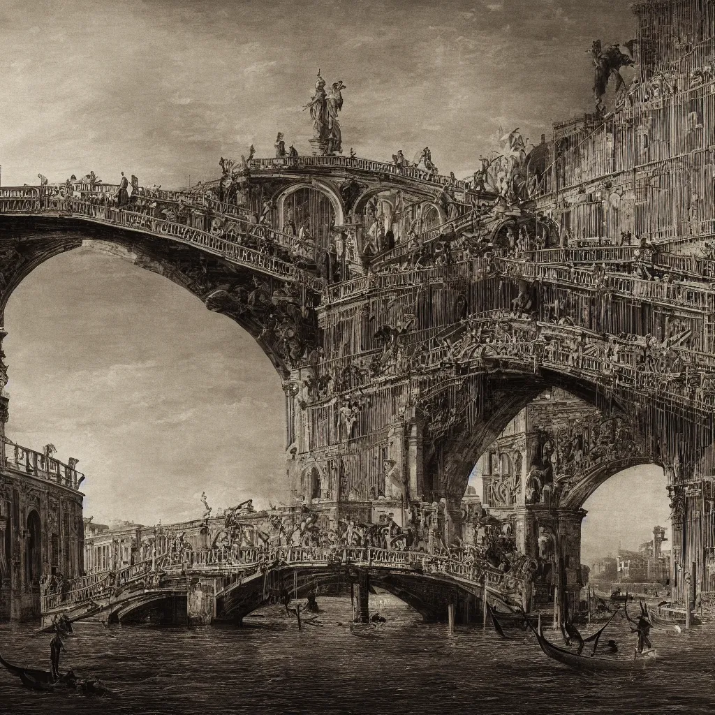 Image similar to the bridges of venice by piranesi, composition, cinematic, rule, grid