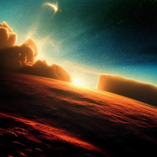 Prompt: Space photograph of the surface of an exoplanet, sharp, detailed, clouds, exotic endless horizon, beautiful landscape, colorful, award winning photography