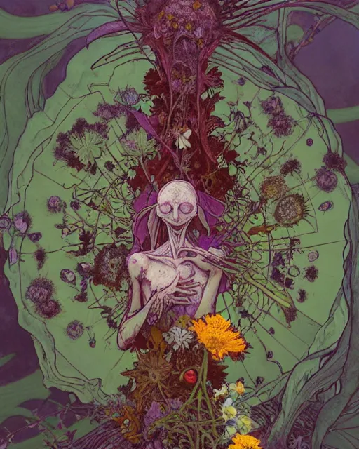 Image similar to the platonic ideal of flowers, rotting, insects and praying of cletus kasady carnage davinci dementor chtulu mandala ponyo alice in wonderland dinotopia watership down, fantasy, ego death, decay, dmt, psilocybin, concept art by greg rutkowski and simon stalenhag and alphonse mucha