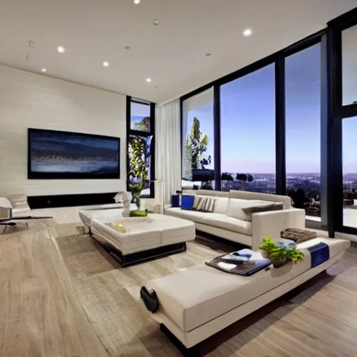 Prompt: a modern villa living room in los angeles, hyper - realistic