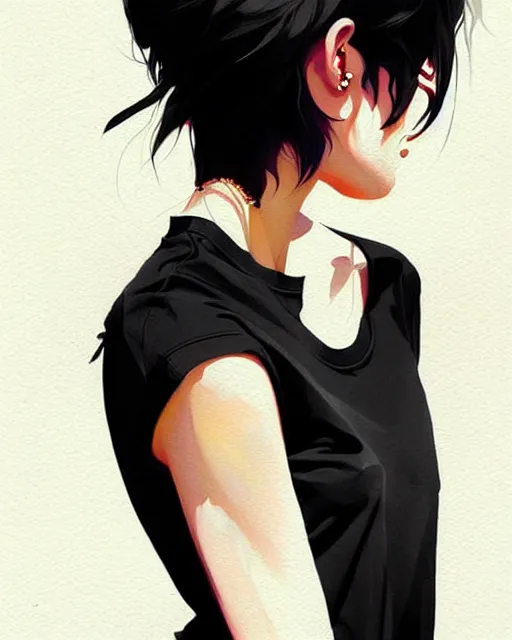 Image similar to a ultradetailed beautiful painting of a stylish woman with short hair, she is wearing a black tank top and jeans, by conrad roset, greg rutkowski and makoto shinkai trending on artstation