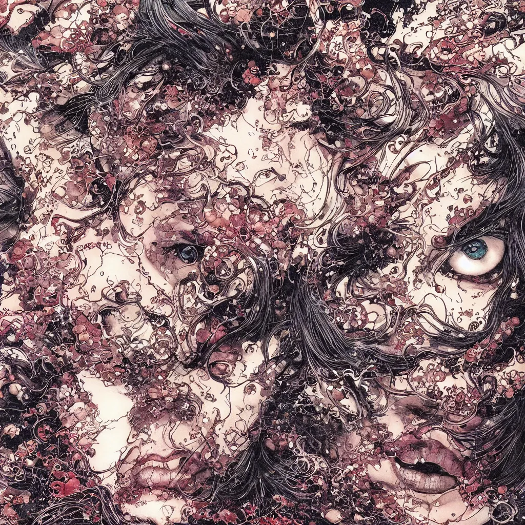 Prompt: closeup of face melting, by yoichi hatakenaka, masamune shirow, josan gonzales and dan mumford, ayami kojima, takato yamamoto