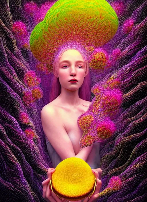 Image similar to hyper detailed 3d render like a Oil painting - Aurora (Singer) looking adorable and seen joyfully Eating of the Strangling network of yellowcake aerochrome cracks and milky Fruit and Her delicate Hands hold of gossamer polyp blossoms bring iridescent fungal flowers whose spores black the foolish stars to her adorable smirking mouth by Jacek Yerka, Mariusz Lewandowski, Houdini algorithmic generative render, Abstract brush strokes, Masterpiece, Edward Hopper and James Gilleard, Zdzislaw Beksinski, Mark Ryden, Wolfgang Lettl, hints of Yayoi Kasuma, octane render, 8k