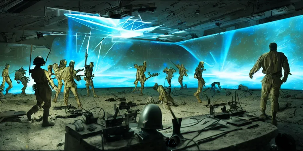 Prompt: 4 d projection of 9 d detailed battle scene of sci - fi prompt engineers with neural interfaces fighting versus cyber artists with tablets still from biblical movie by denis villeneuve and mort kunstler and norman rockwell. volumetric dramatic cyan gold light