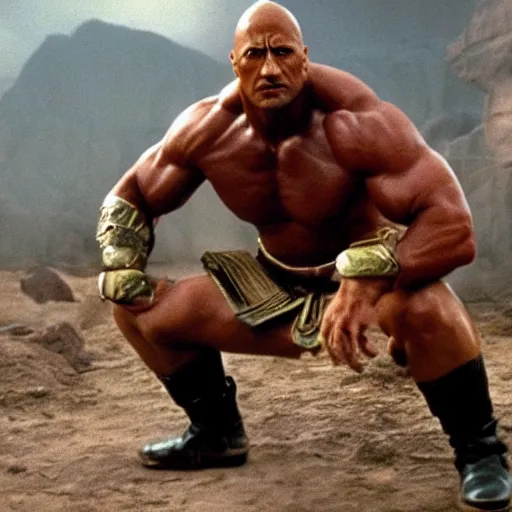Image similar to film still of Dwayne Johnson playing Goro in Mortal Kombat (1995), 4k