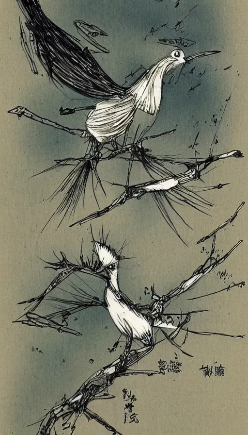 Image similar to stick figures bird, by yoshitaka amano