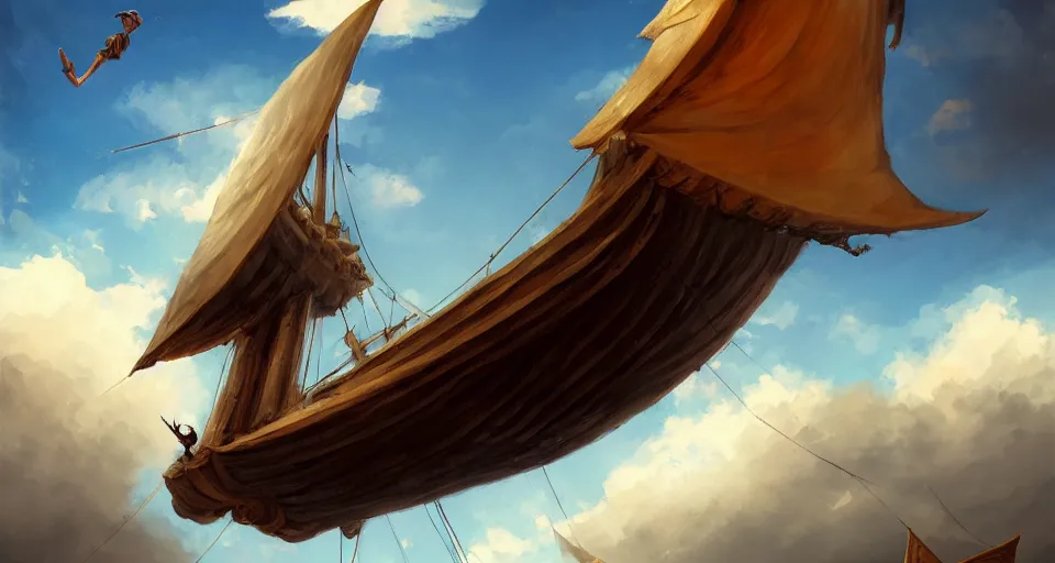 Image similar to a boy being thrown off of a large wooden fantasy sky - ship with horizontal sails flying through the clouds with blue sky, andreas rocha style