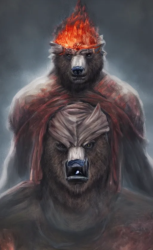 Image similar to portrait of a bear beast - man wearing a turban, with fire in his eyes, wear bloodborne, concept art trending on artstation photorealistic image 8 k