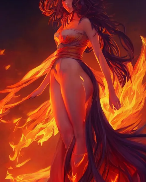 Image similar to beautiful long haired anime girl, fire dress, full body photo, flames everywhere, highly detailed, digital painting, artstation, concept art, smooth, sharp focus, illustration, art by artgerm and greg rutkowski and alphonse mucha