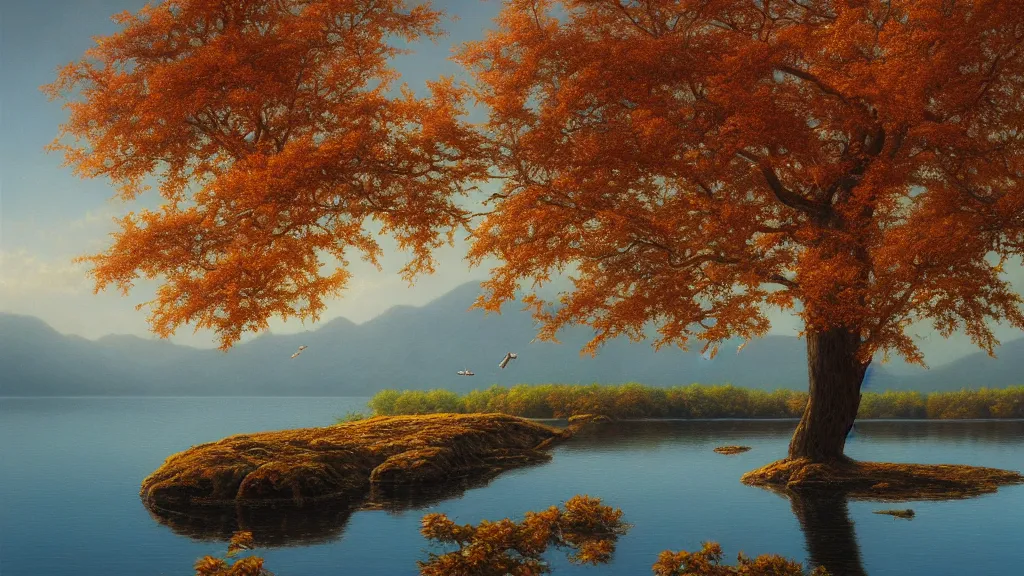 Prompt: a cinematic hyperrealism highly detailed photograph of maple tree by the lake, with petals flying in the sky, reflection on the lake, sunshine, by christophe vacher, trending on artstation, 4 k hd wallpaper premium prints available.