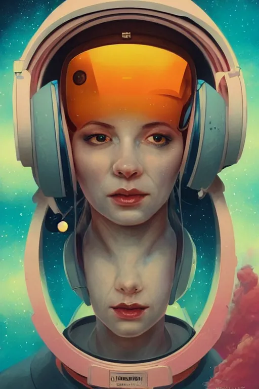 Prompt: a poster design of a portrait of a female astronaut wearing headphones in space, universe, cyberpunk, warm color, Highly detailed labeled, poster, peter mohrbacher, featured on Artstation